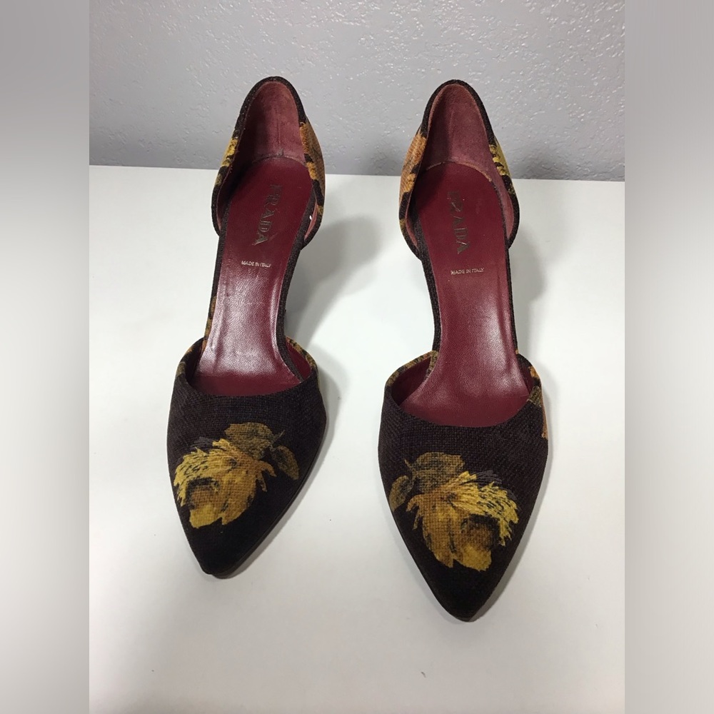 VTG PRADA Women’s Corduroy Floral Print Heels Size 37 Made In Italy